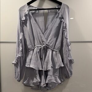 SAINTS + SECRETS Light Blue/ Gray Ruffle Romper with Tie Waist
